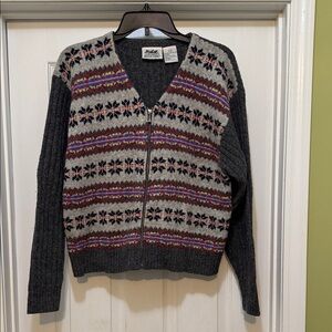 Northern Reflections - V Neck Full Zip Gray Wool Cardigan - size L